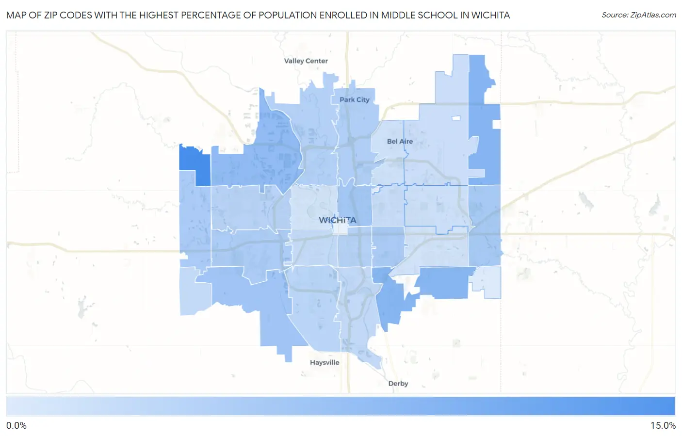 Zip Codes with the Highest Percentage of Population Enrolled in Middle School in Wichita Map