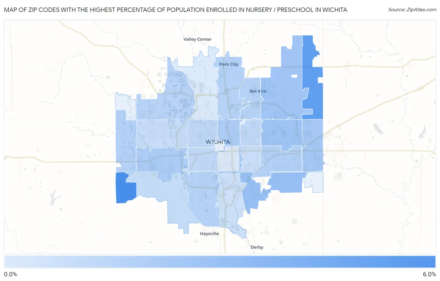 Zip Codes with the Highest Percentage of Population Enrolled in Nursery / Preschool in Wichita Map