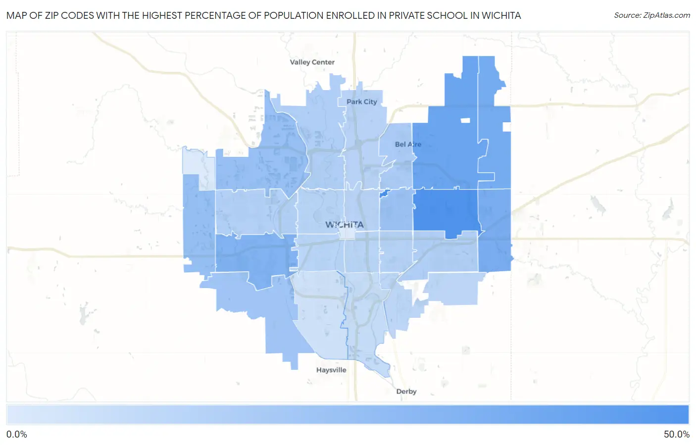 Zip Codes with the Highest Percentage of Population Enrolled in Private School in Wichita Map