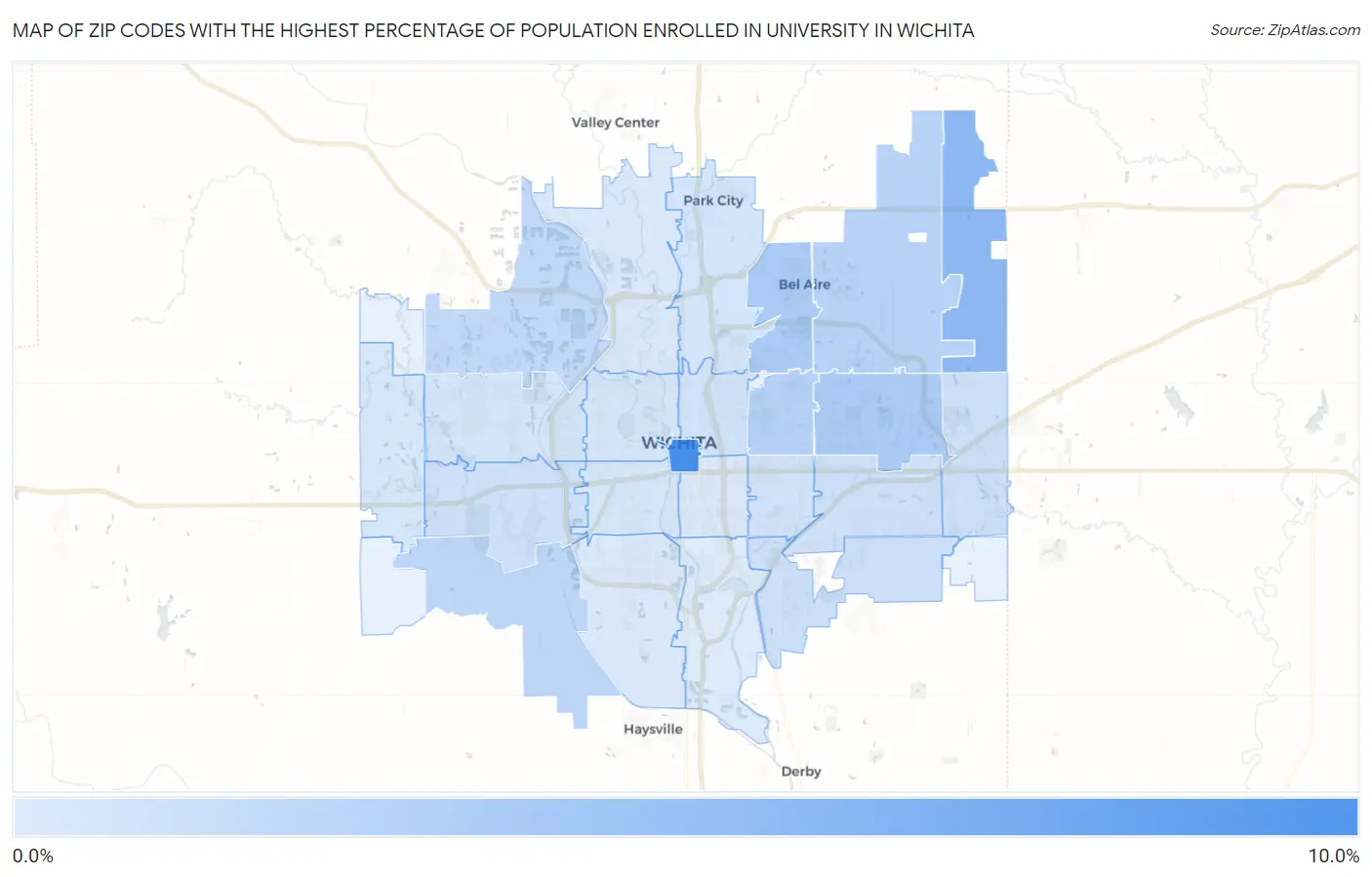 Zip Codes with the Highest Percentage of Population Enrolled in University in Wichita Map