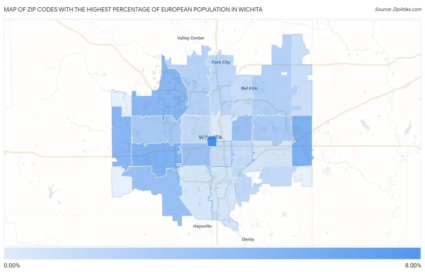 Zip Codes with the Highest Percentage of European Population in Wichita Map