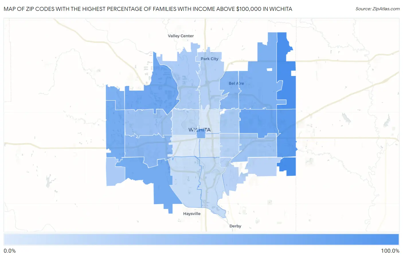 Zip Codes with the Highest Percentage of Families with Income Above $100,000 in Wichita Map