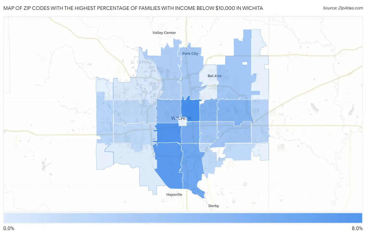 Zip Codes with the Highest Percentage of Families with Income Below $10,000 in Wichita Map