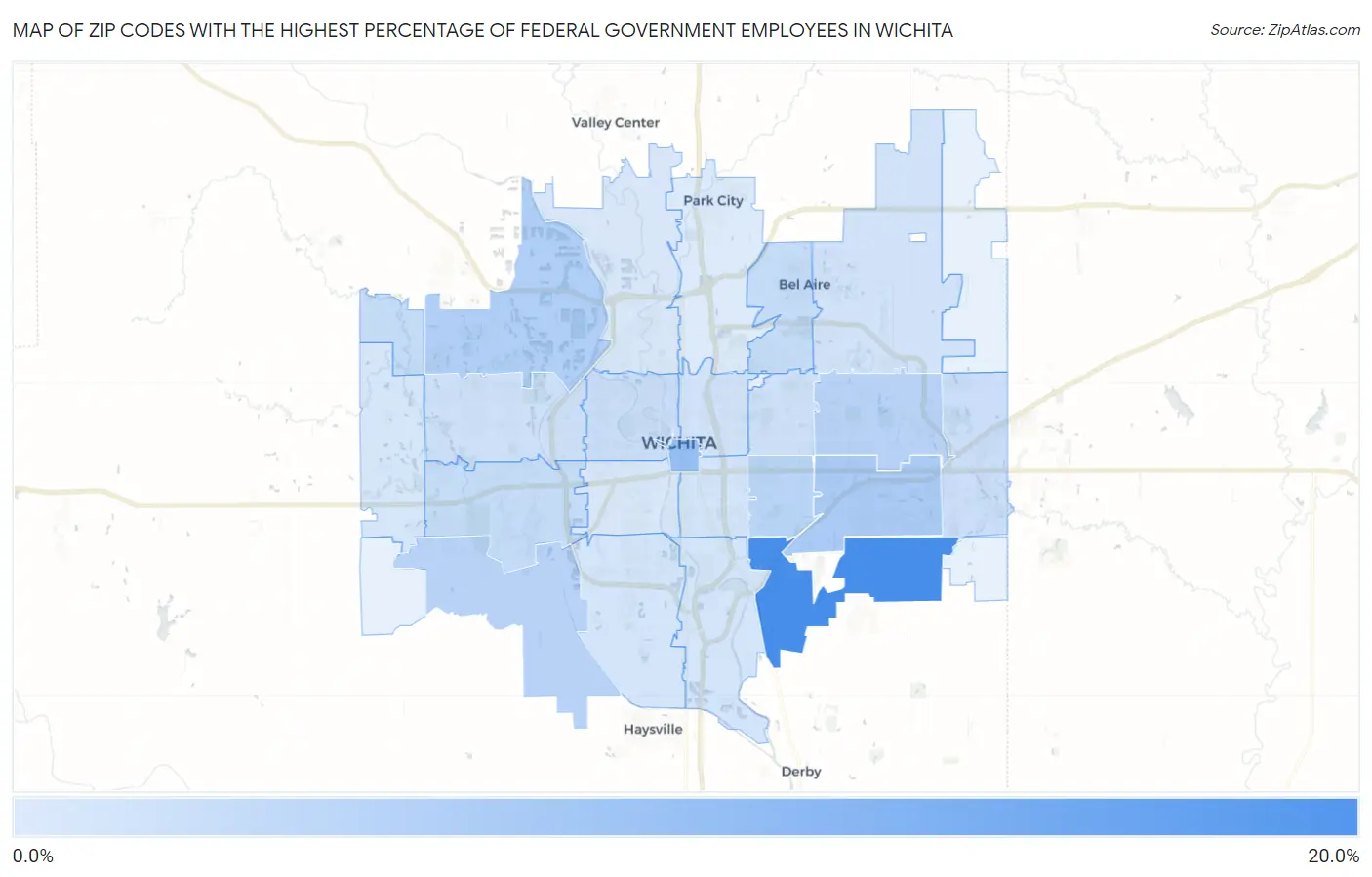 Zip Codes with the Highest Percentage of Federal Government Employees in Wichita Map