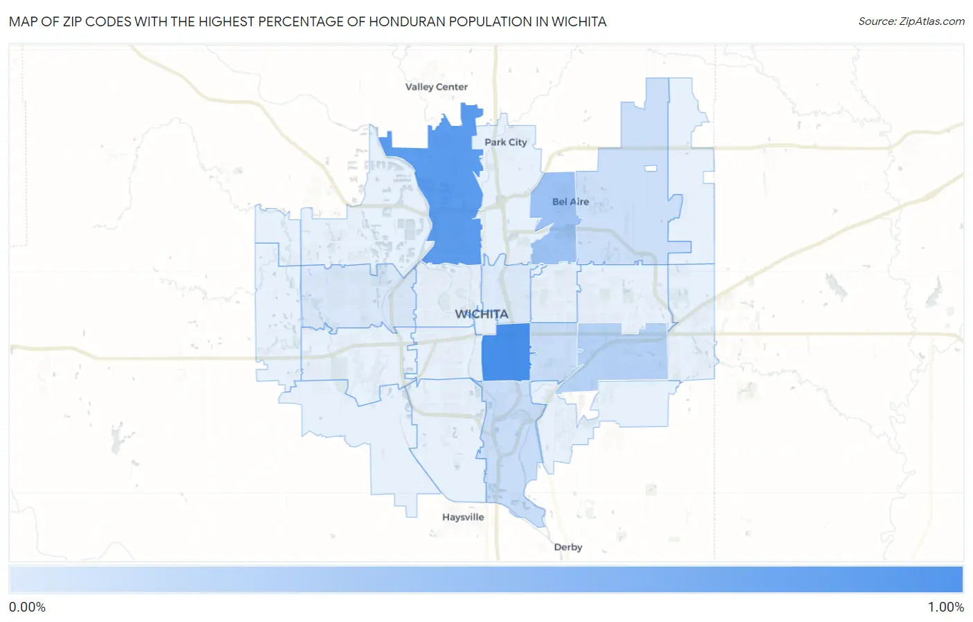 Zip Codes with the Highest Percentage of Honduran Population in Wichita Map