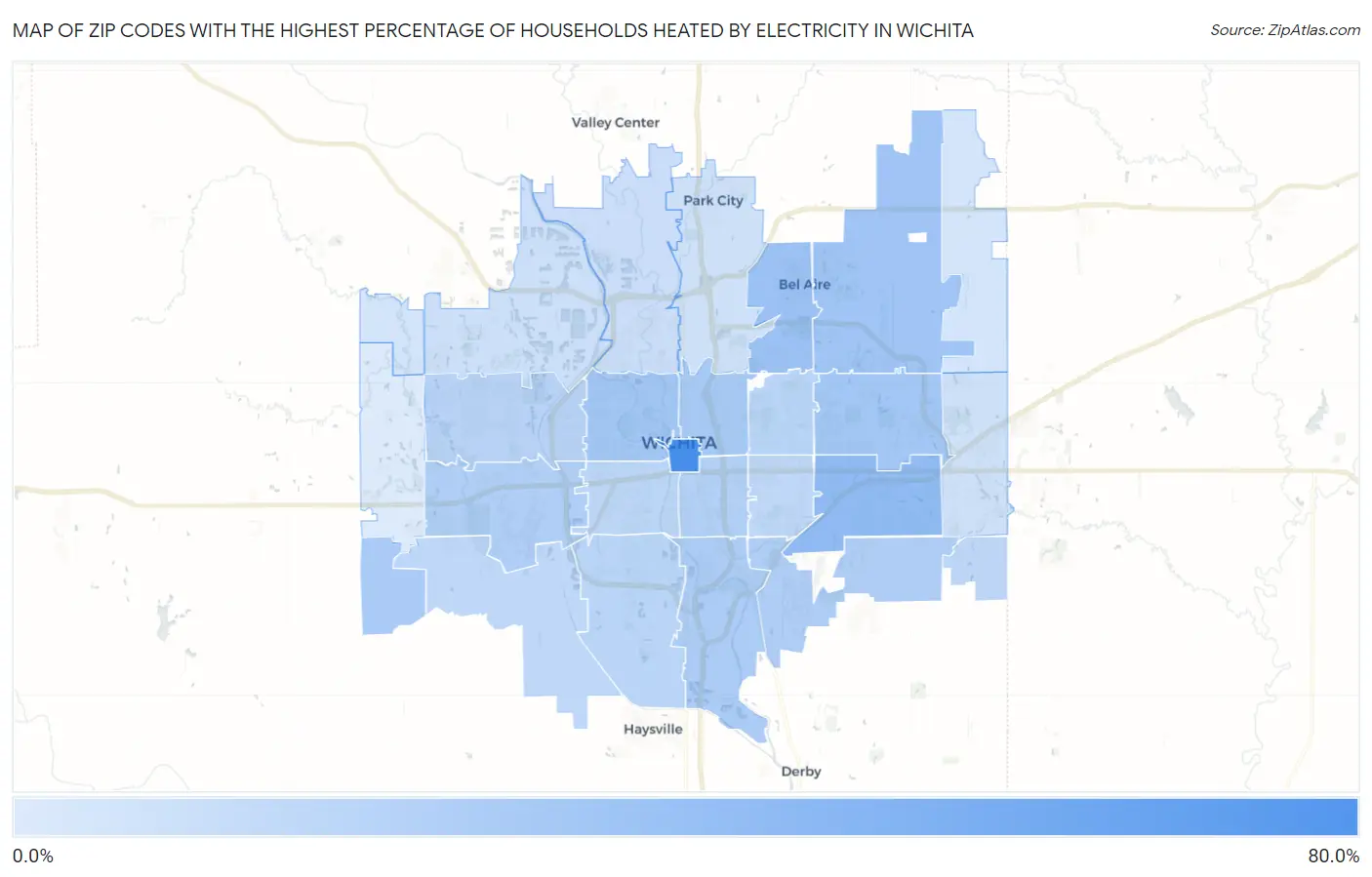 Zip Codes with the Highest Percentage of Households Heated by Electricity in Wichita Map
