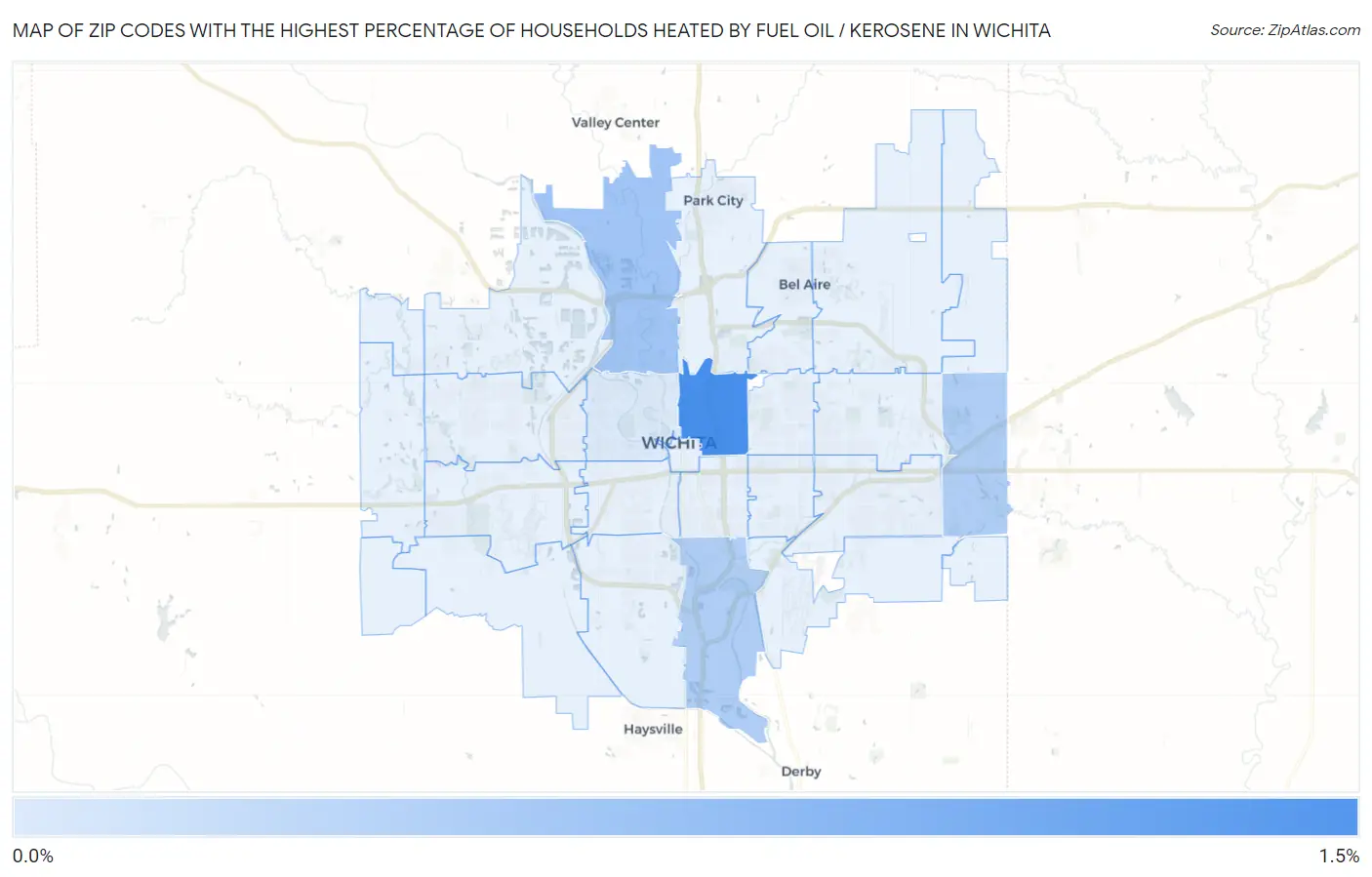 Zip Codes with the Highest Percentage of Households Heated by Fuel Oil / Kerosene in Wichita Map