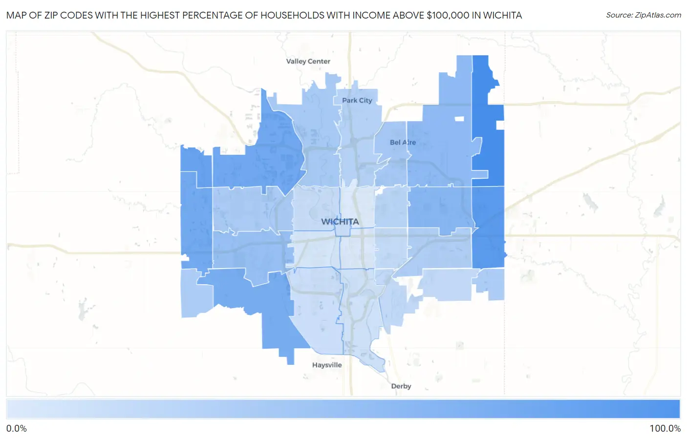 Zip Codes with the Highest Percentage of Households with Income Above $100,000 in Wichita Map