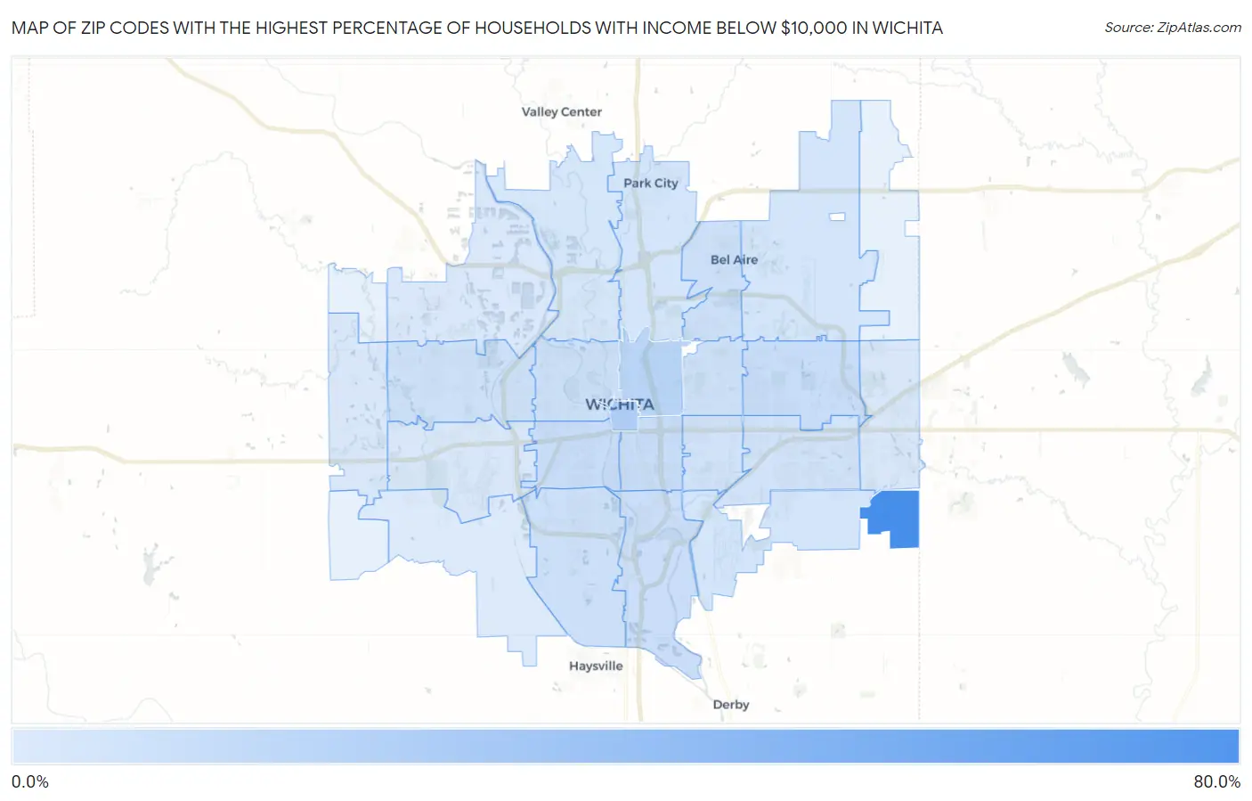 Zip Codes with the Highest Percentage of Households with Income Below $10,000 in Wichita Map