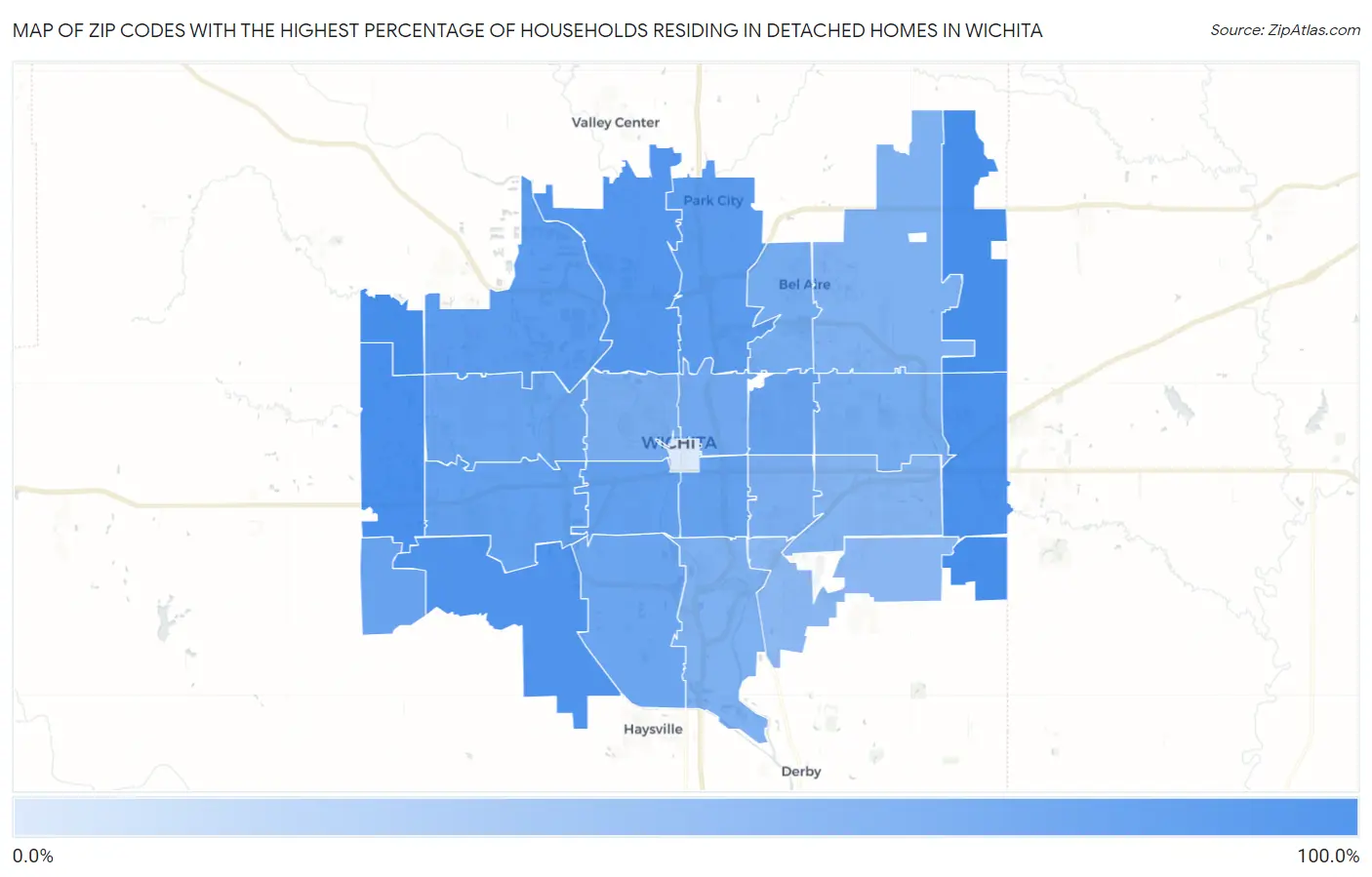 Zip Codes with the Highest Percentage of Households Residing in Detached Homes in Wichita Map