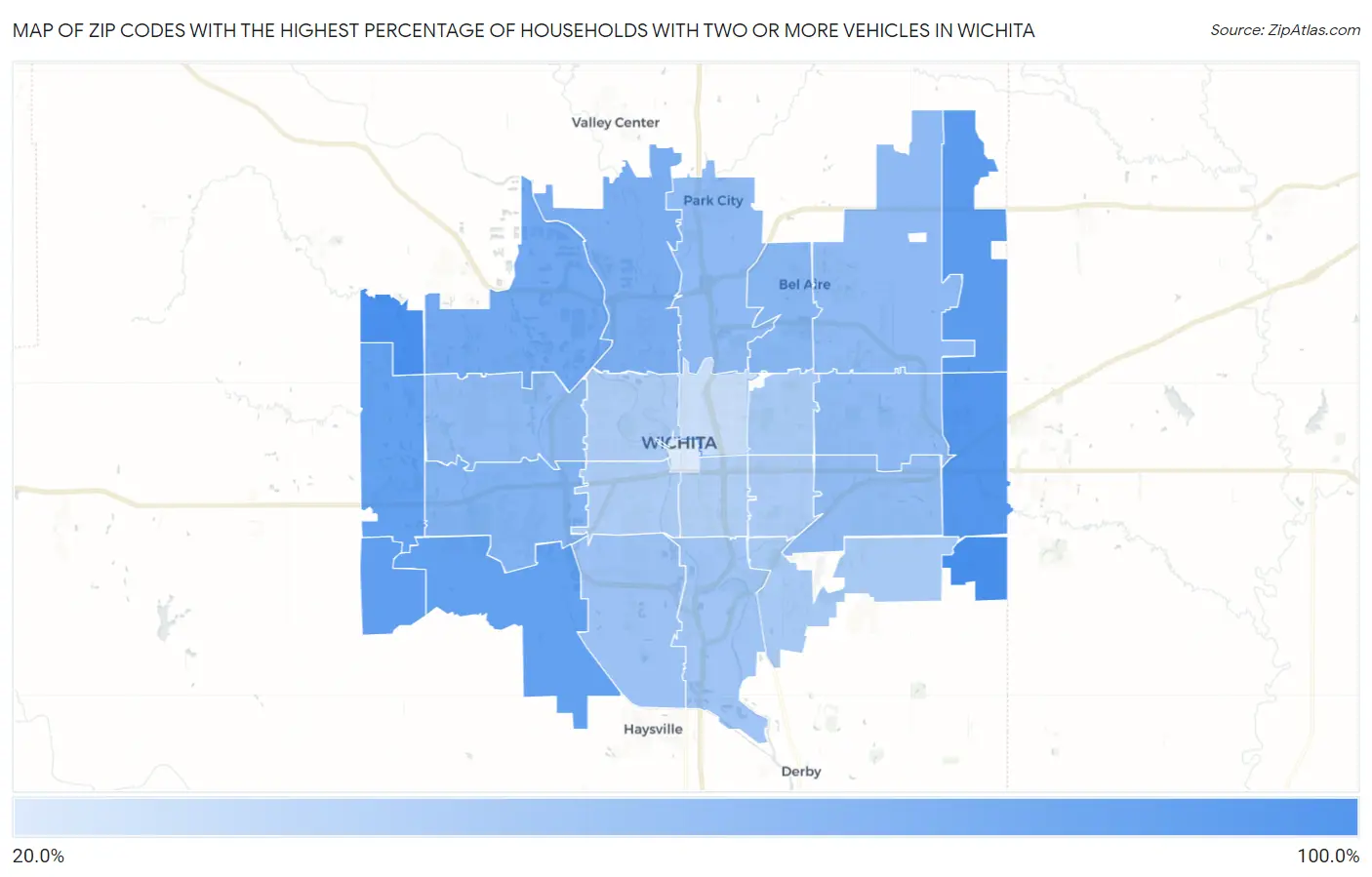Zip Codes with the Highest Percentage of Households With Two or more Vehicles in Wichita Map