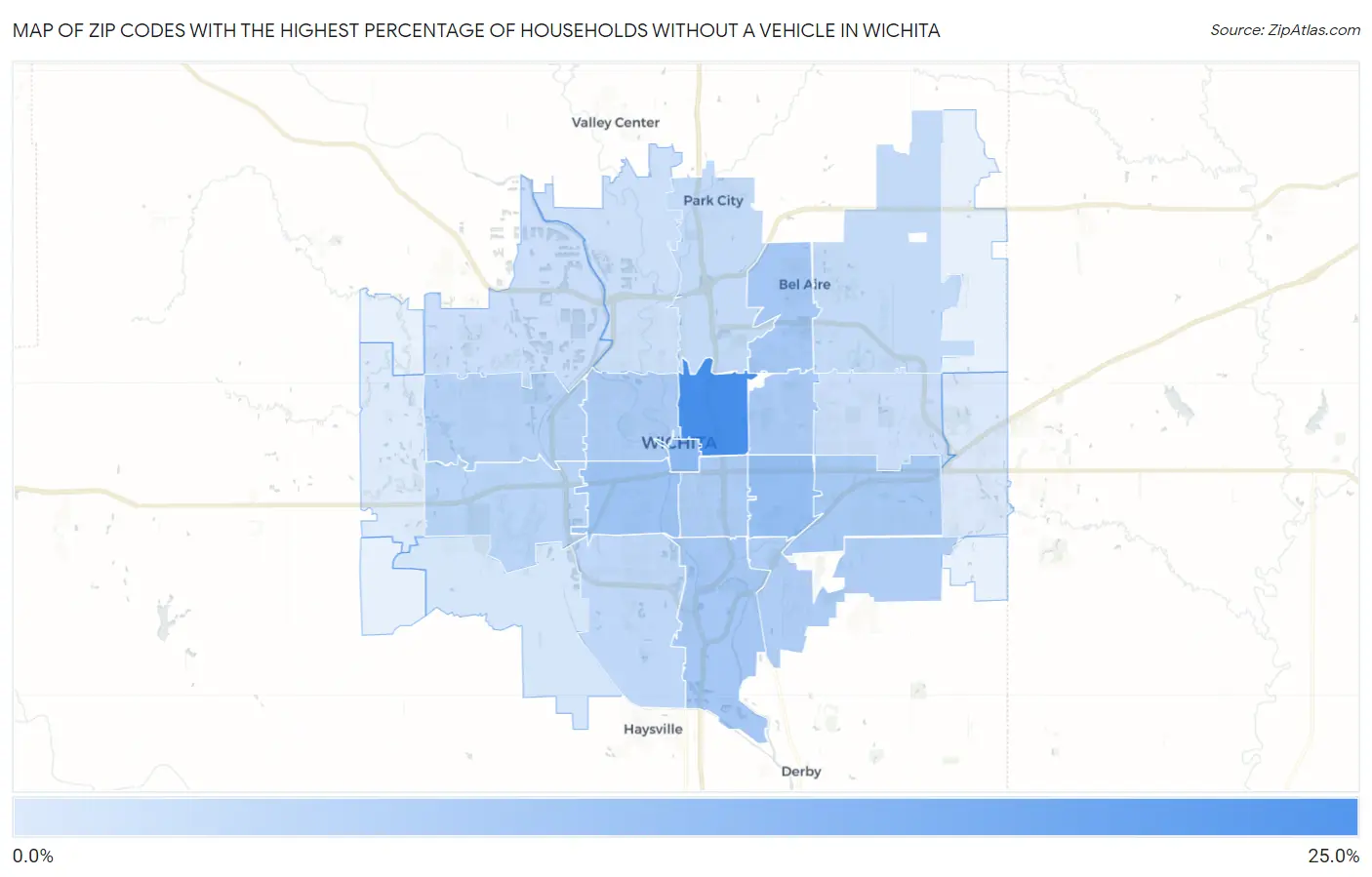 Zip Codes with the Highest Percentage of Households Without a Vehicle in Wichita Map