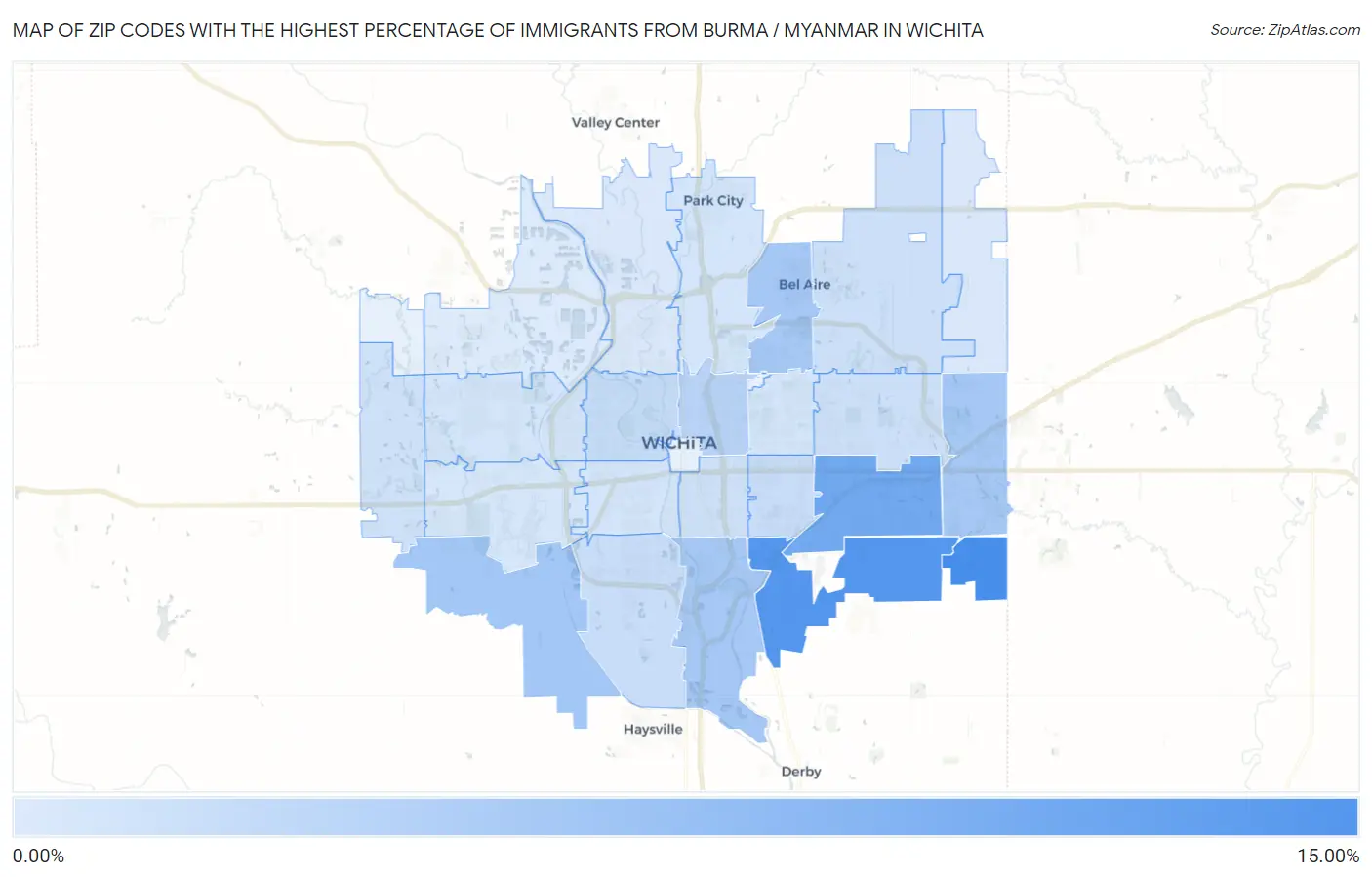 Zip Codes with the Highest Percentage of Immigrants from Burma / Myanmar in Wichita Map