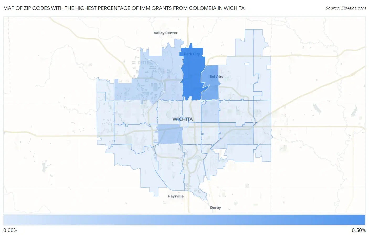 Zip Codes with the Highest Percentage of Immigrants from Colombia in Wichita Map