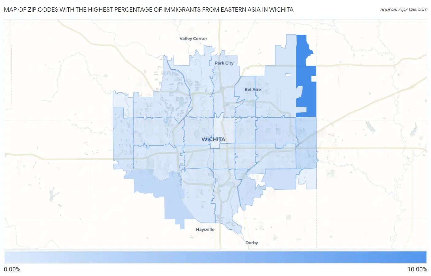 Zip Codes with the Highest Percentage of Immigrants from Eastern Asia in Wichita Map