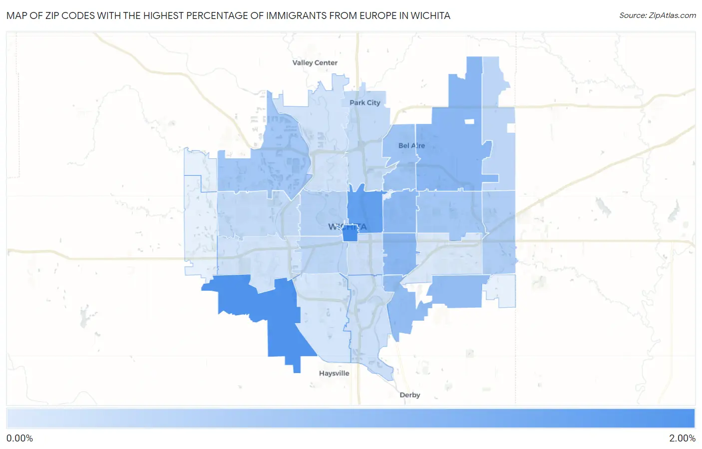 Zip Codes with the Highest Percentage of Immigrants from Europe in Wichita Map