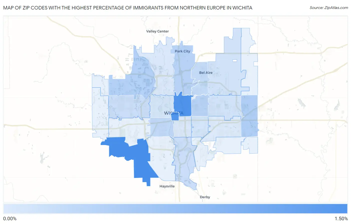Zip Codes with the Highest Percentage of Immigrants from Northern Europe in Wichita Map