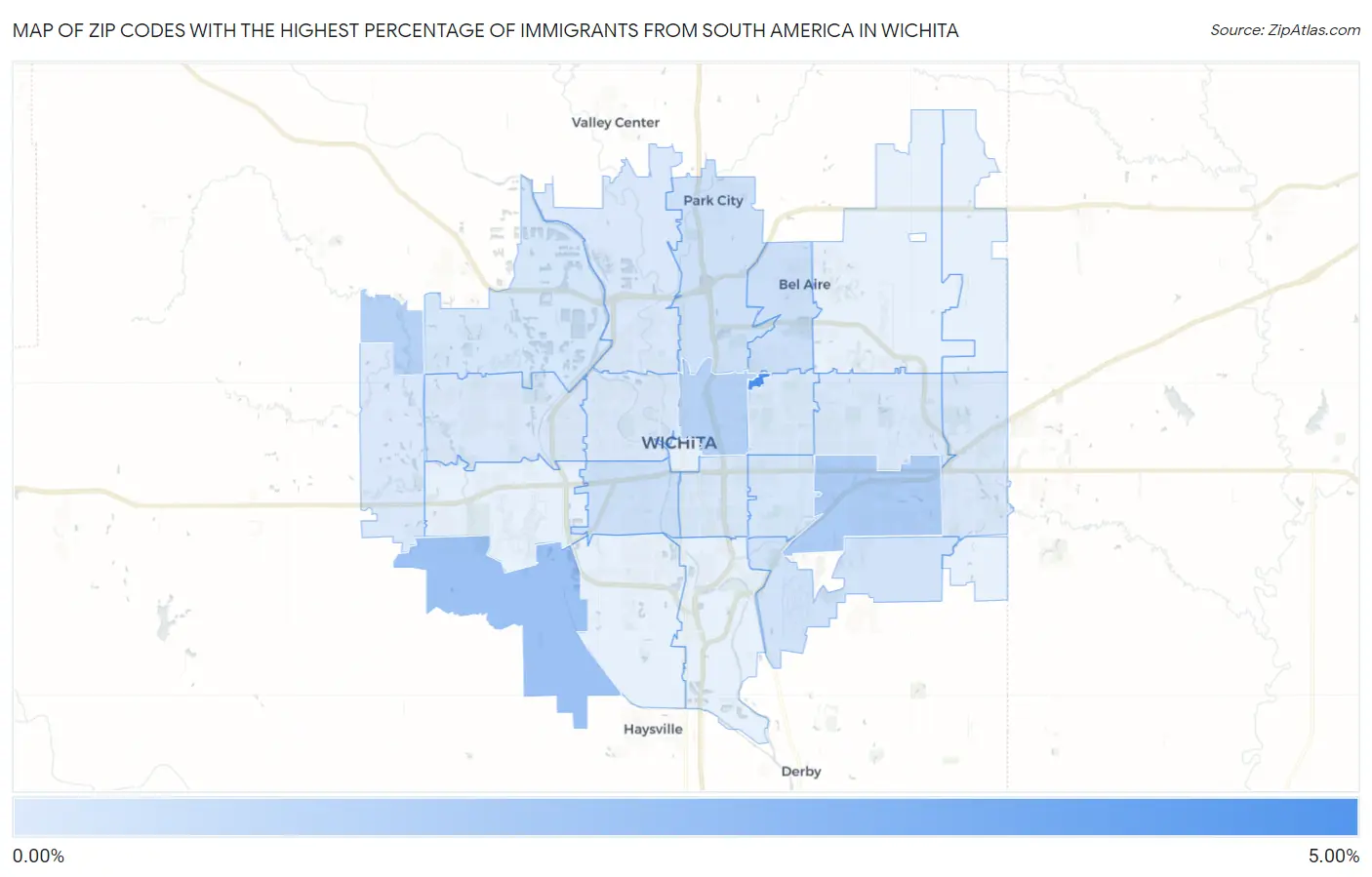 Zip Codes with the Highest Percentage of Immigrants from South America in Wichita Map