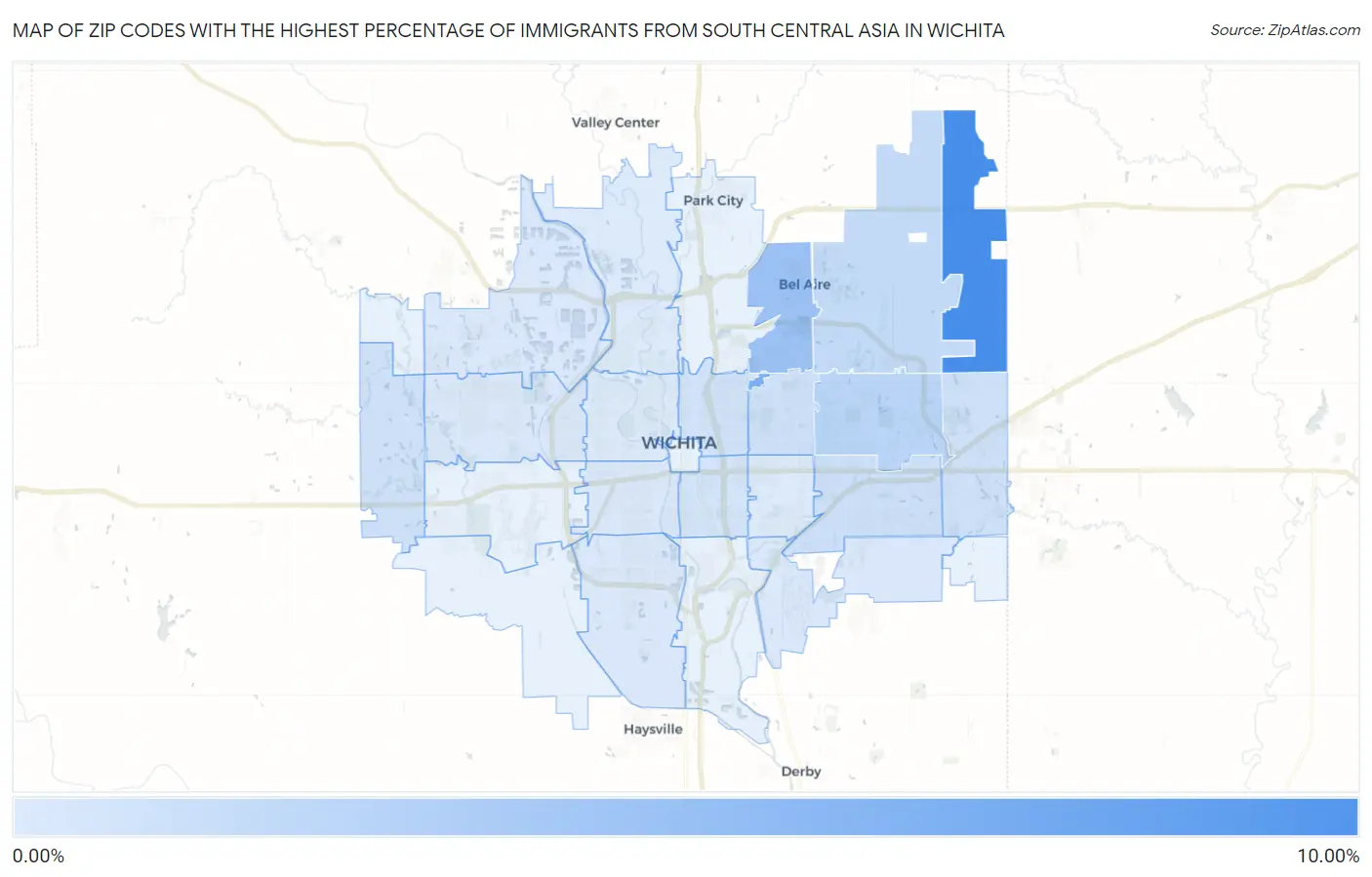 Zip Codes with the Highest Percentage of Immigrants from South Central Asia in Wichita Map