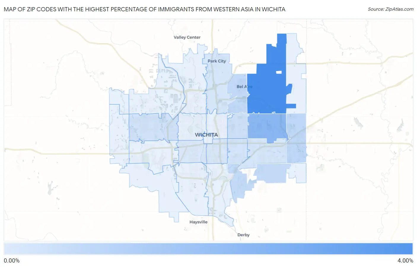 Zip Codes with the Highest Percentage of Immigrants from Western Asia in Wichita Map