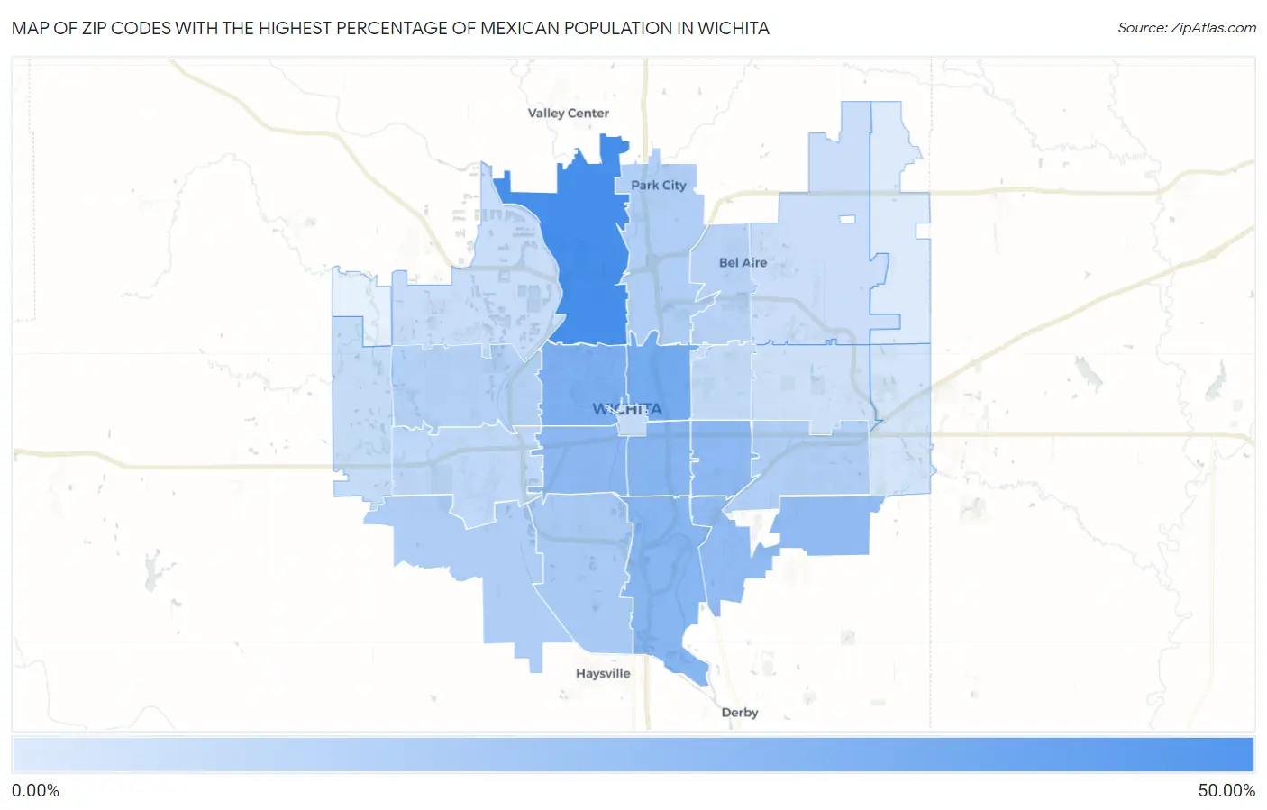 Zip Codes with the Highest Percentage of Mexican Population in Wichita Map