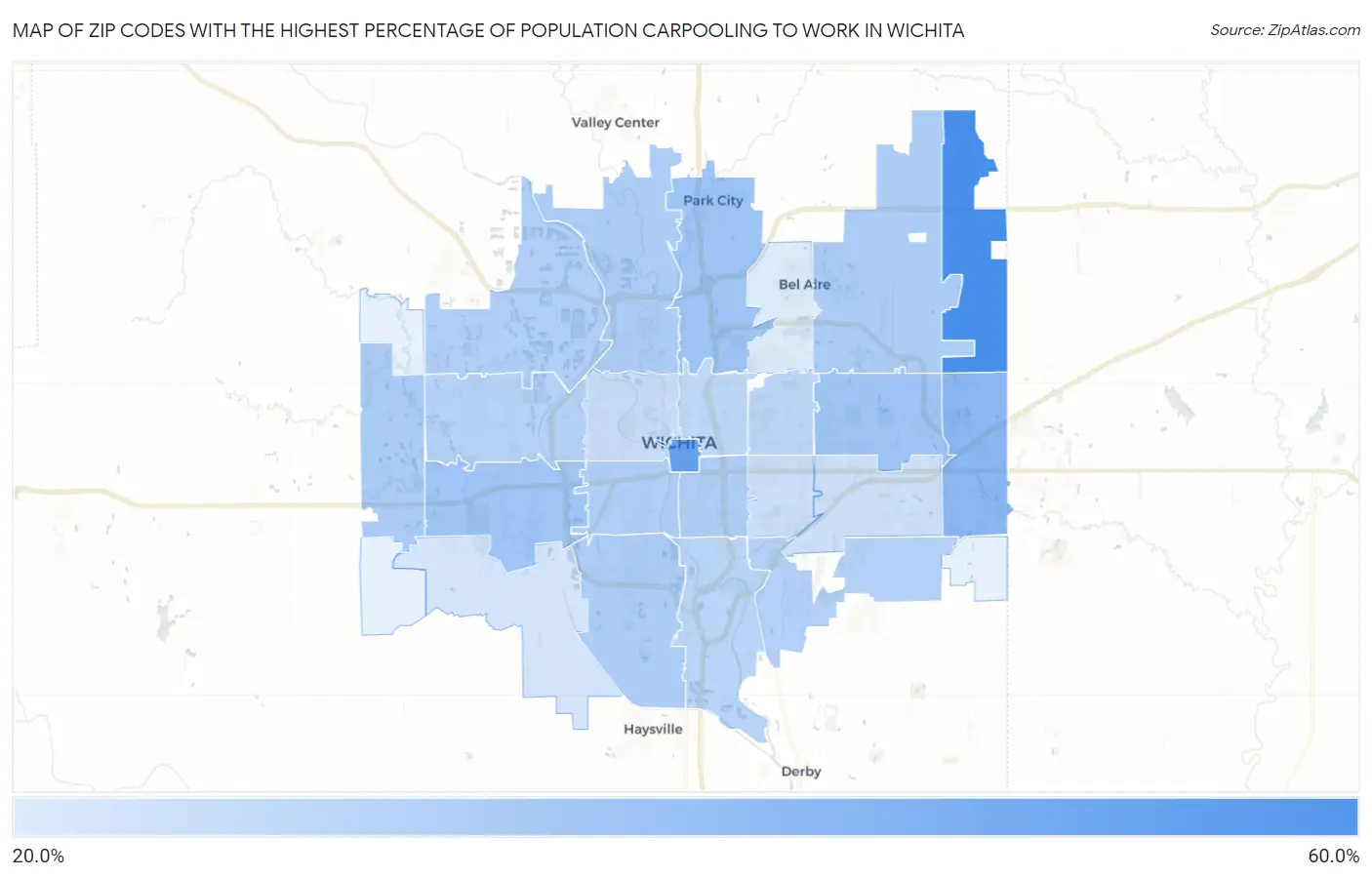 Zip Codes with the Highest Percentage of Population Carpooling to Work in Wichita Map