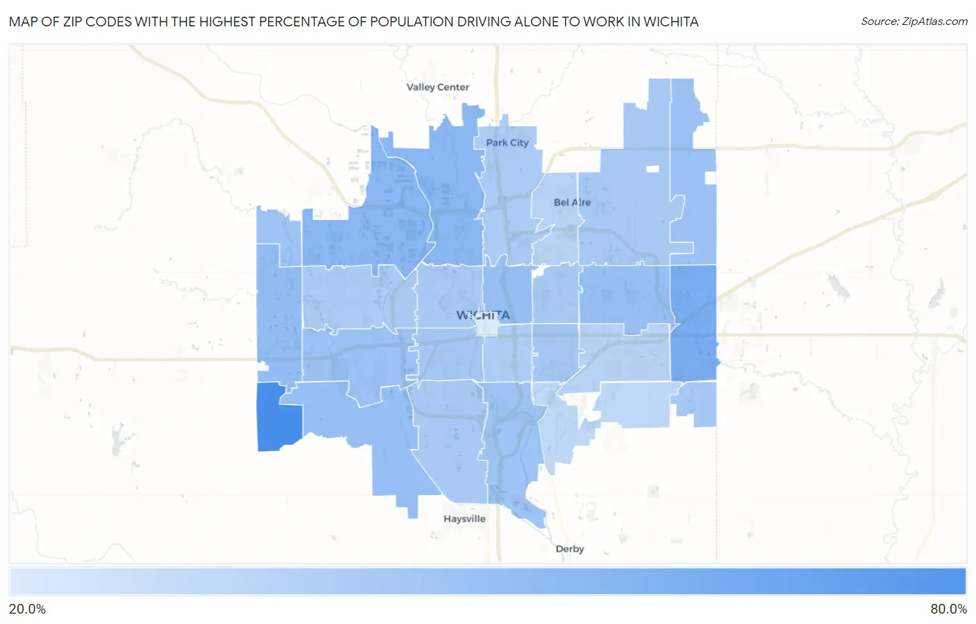 Zip Codes with the Highest Percentage of Population Driving Alone to Work in Wichita Map