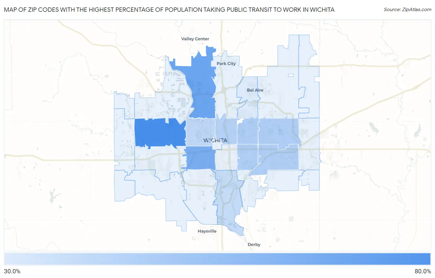 Zip Codes with the Highest Percentage of Population Taking Public Transit to Work in Wichita Map