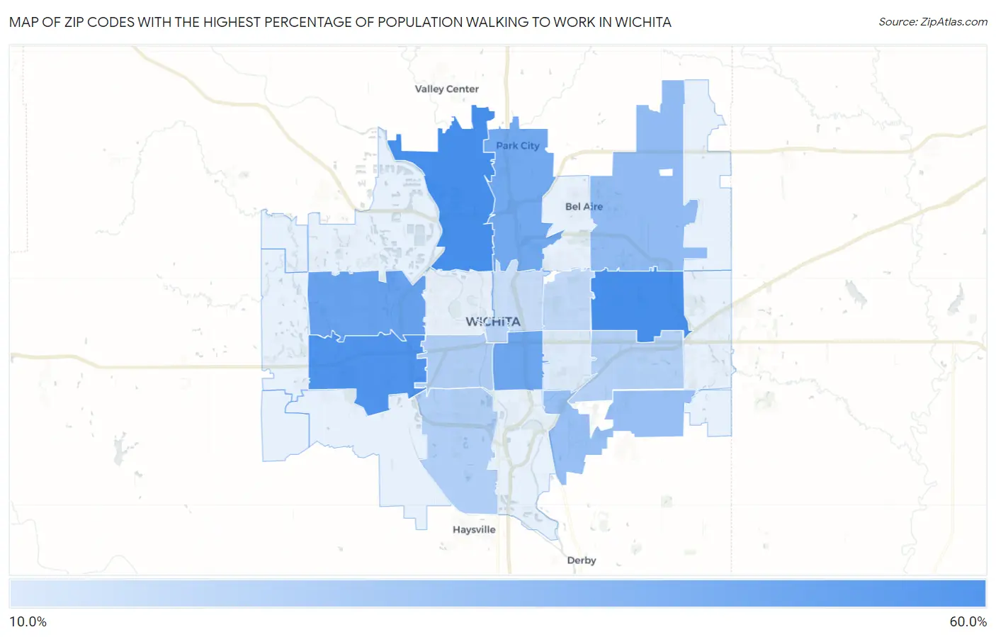 Zip Codes with the Highest Percentage of Population Walking to Work in Wichita Map
