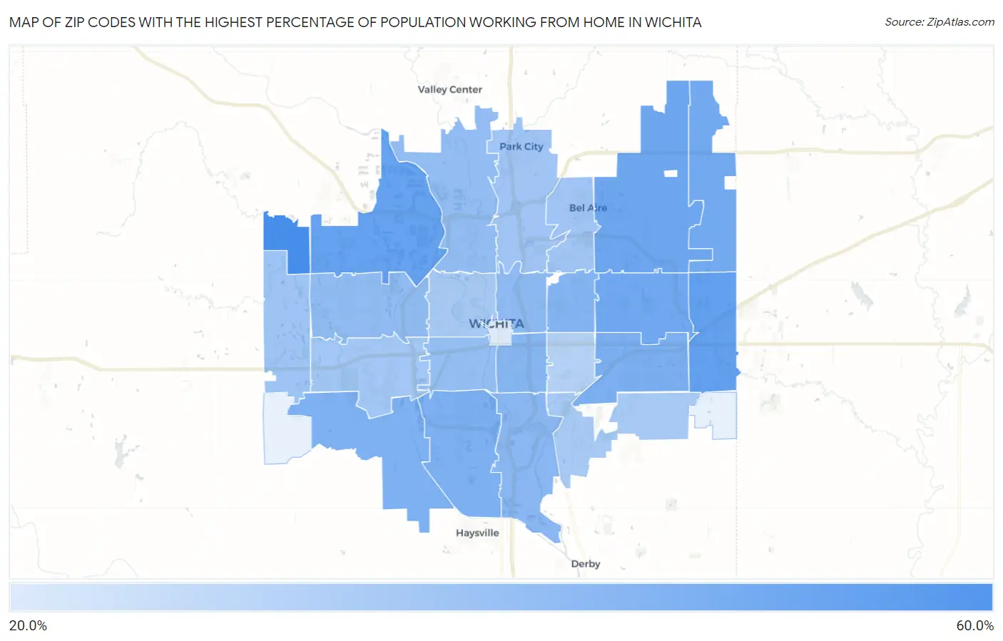 Zip Codes with the Highest Percentage of Population Working from Home in Wichita Map