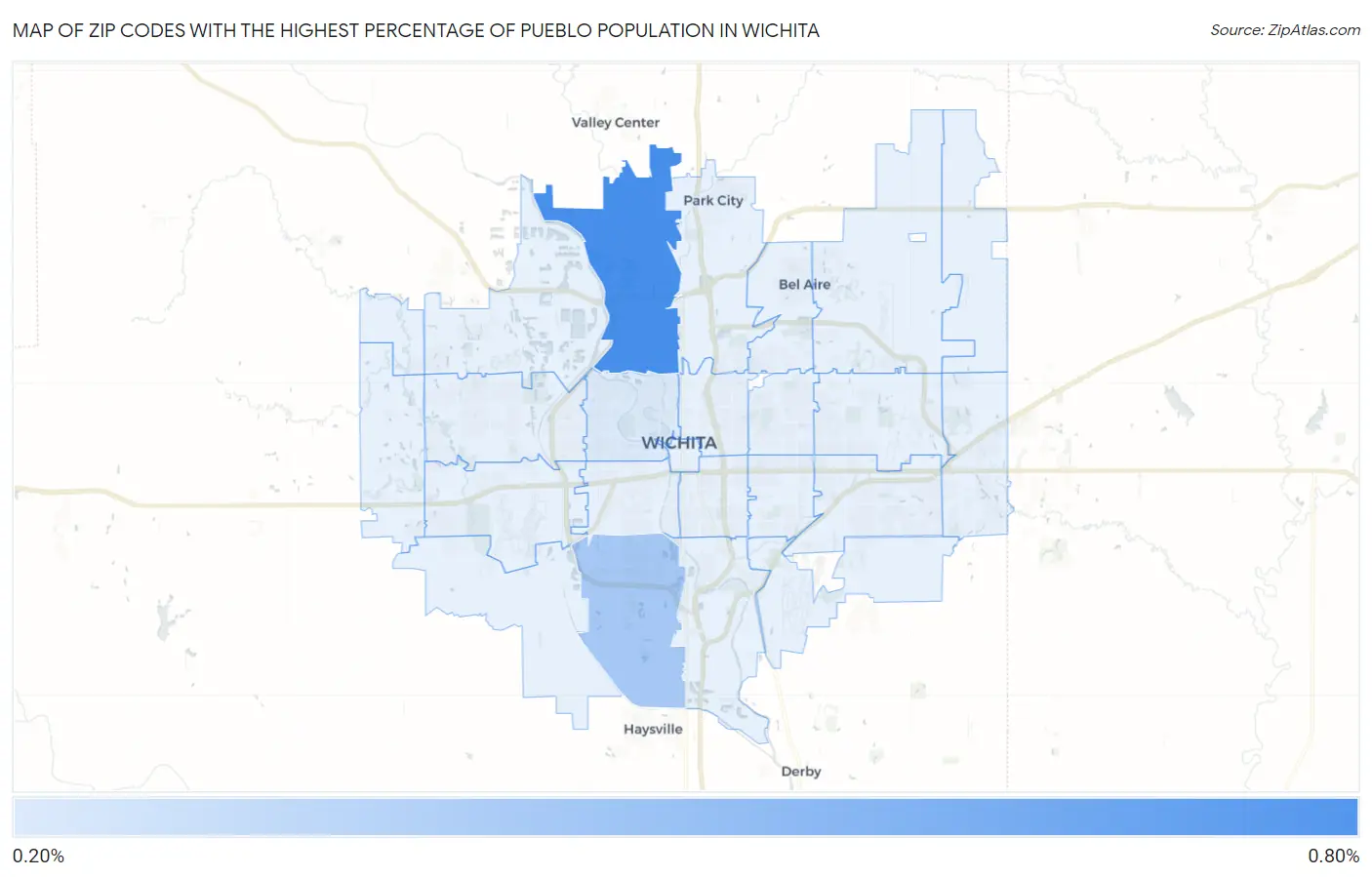Zip Codes with the Highest Percentage of Pueblo Population in Wichita Map