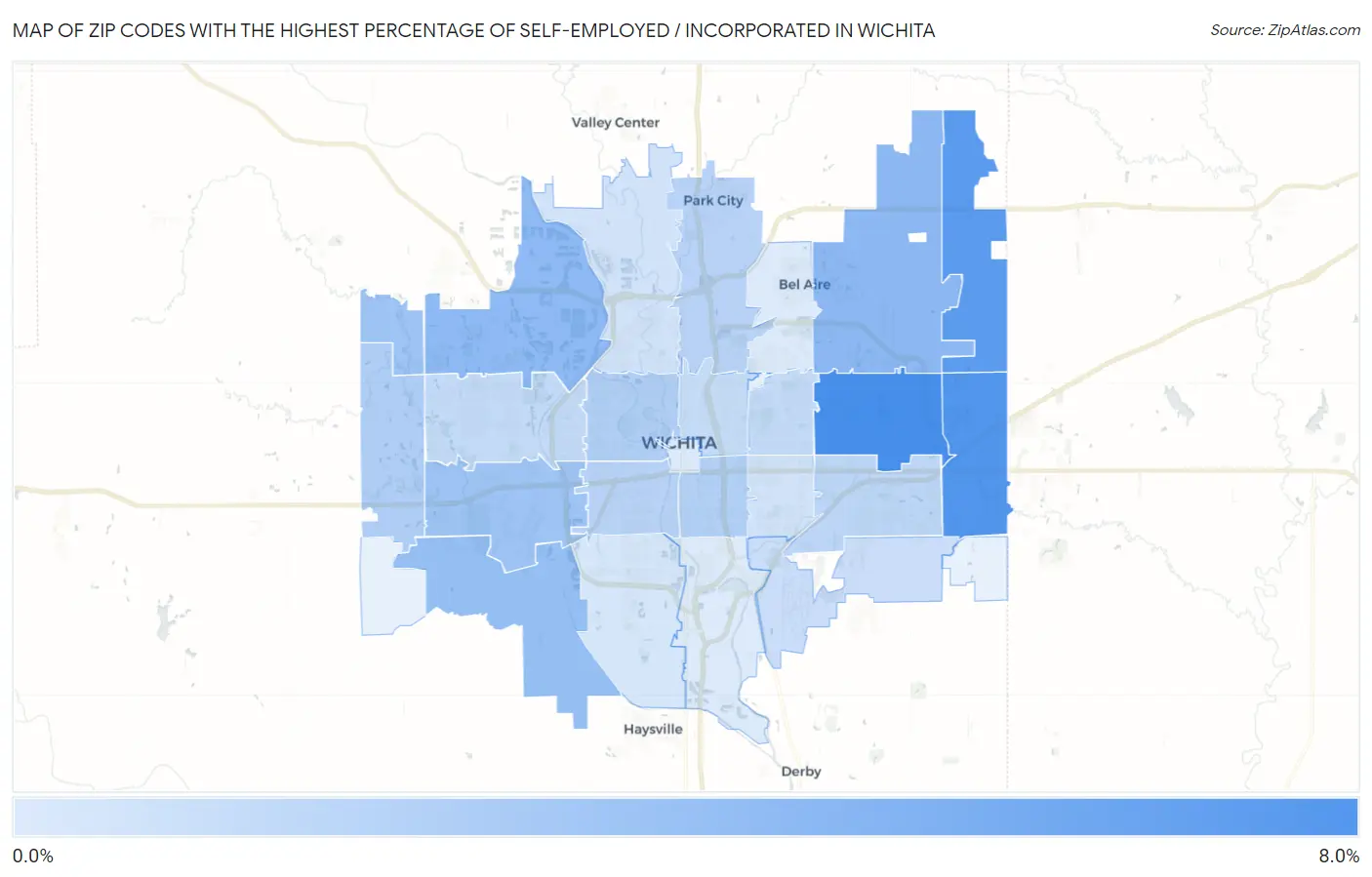 Zip Codes with the Highest Percentage of Self-Employed / Incorporated in Wichita Map