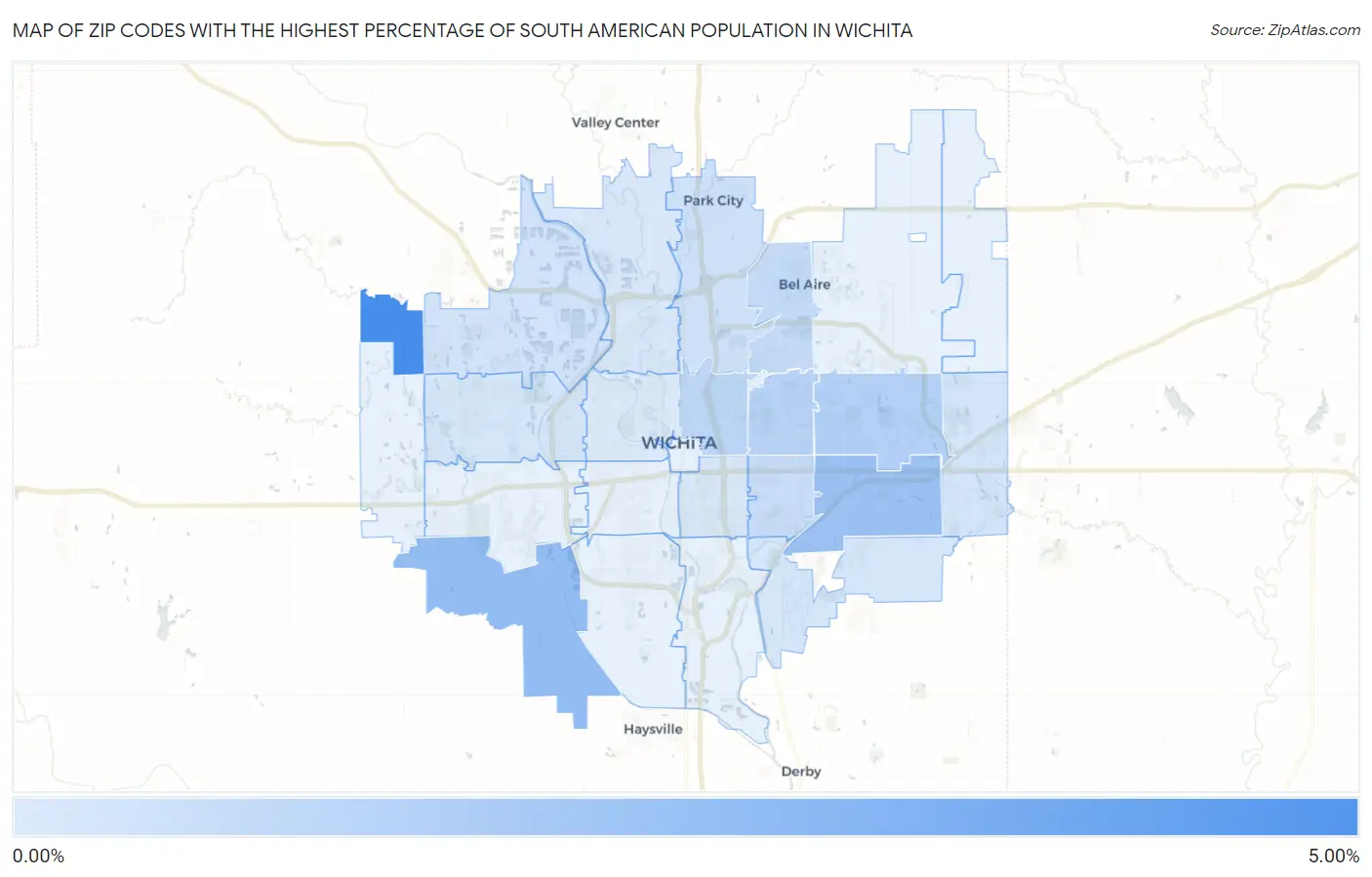 Zip Codes with the Highest Percentage of South American Population in Wichita Map