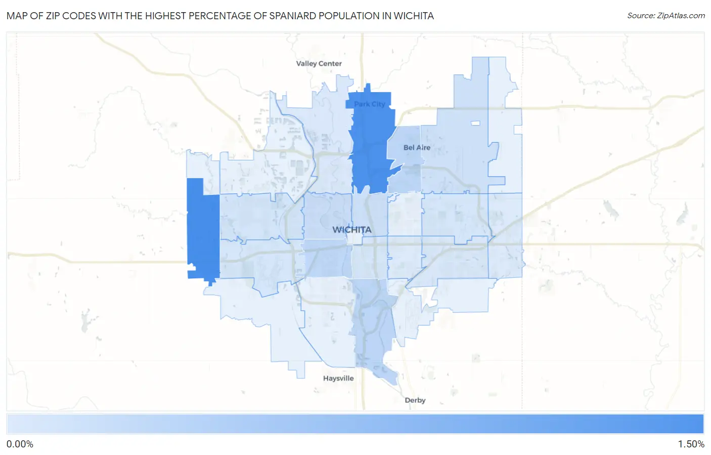 Zip Codes with the Highest Percentage of Spaniard Population in Wichita Map