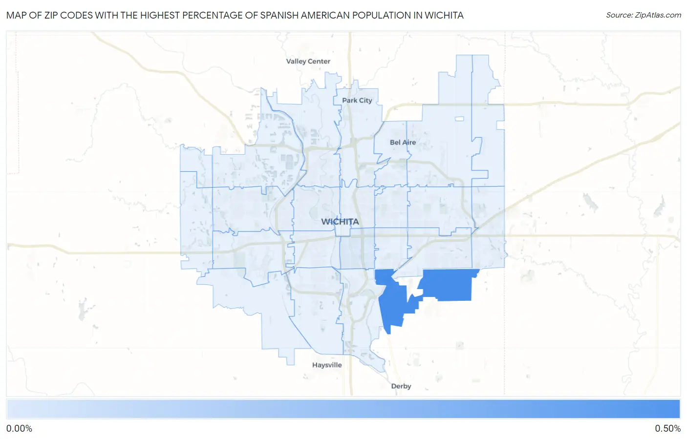 Zip Codes with the Highest Percentage of Spanish American Population in Wichita Map