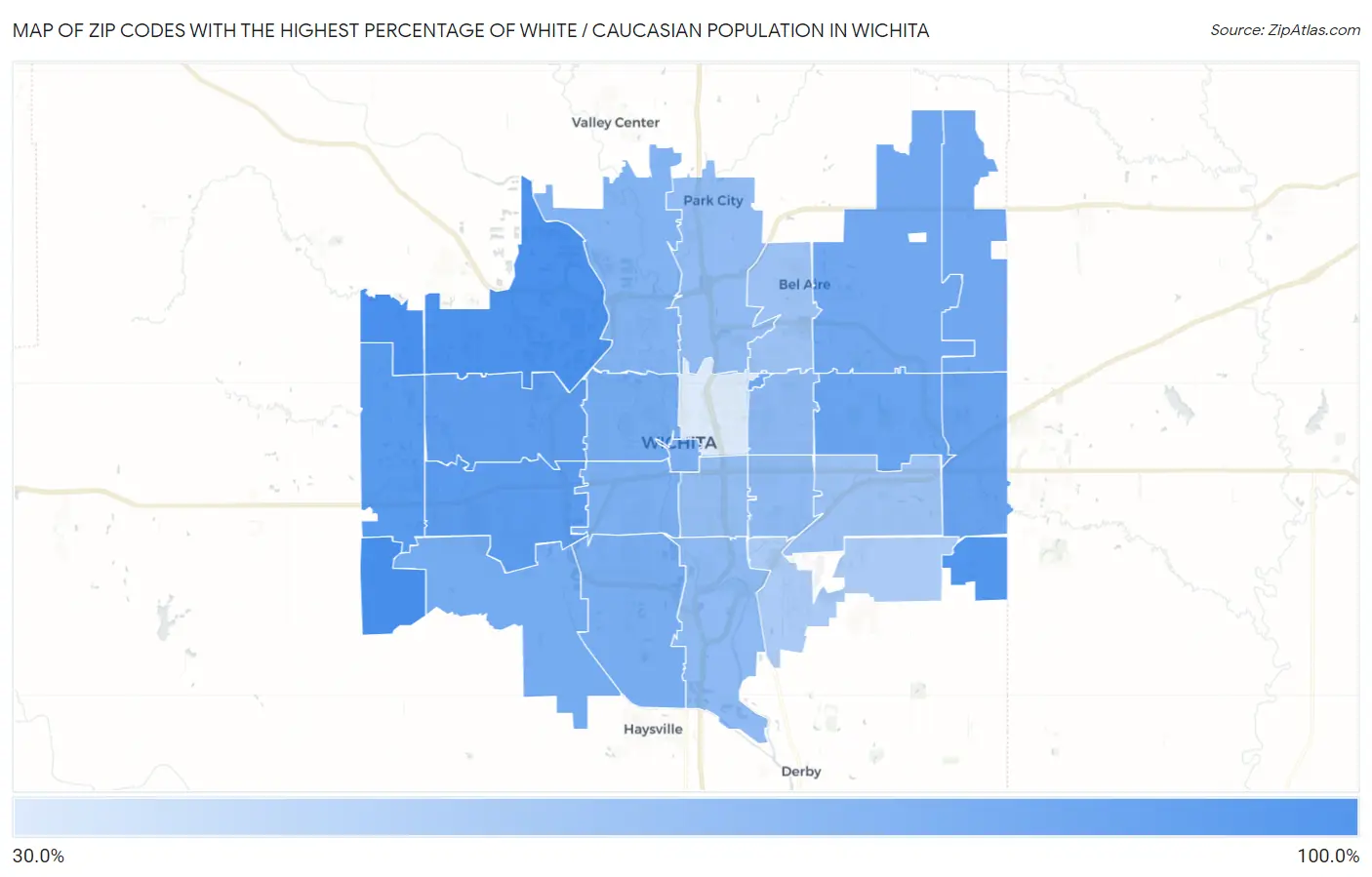 Zip Codes with the Highest Percentage of White / Caucasian Population in Wichita Map