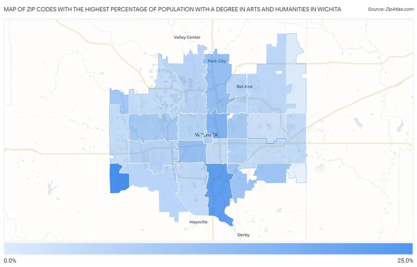 Zip Codes with the Highest Percentage of Population with a Degree in Arts and Humanities in Wichita Map