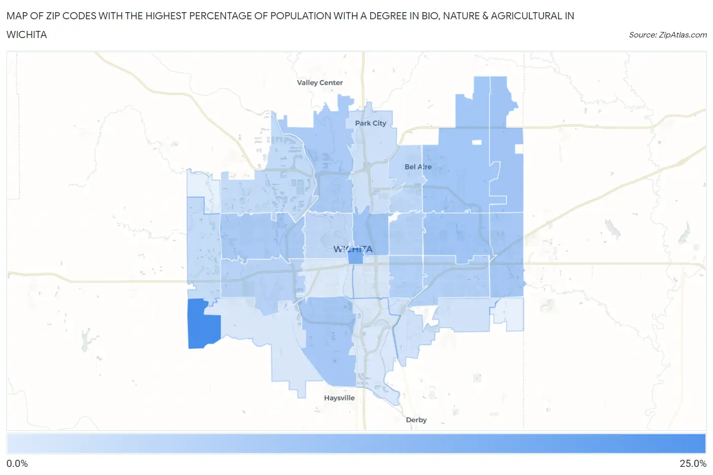 Zip Codes with the Highest Percentage of Population with a Degree in Bio, Nature & Agricultural in Wichita Map