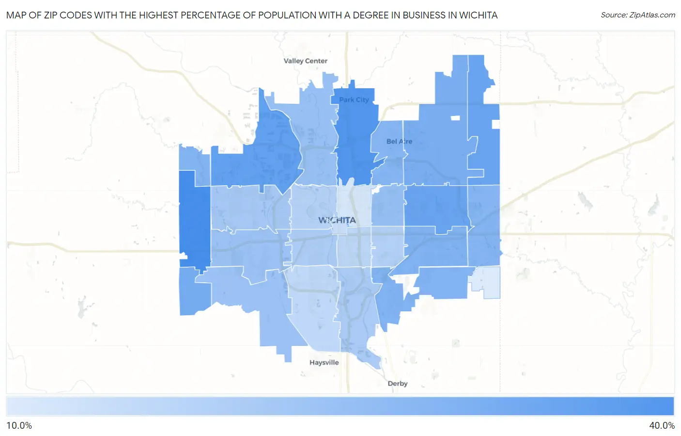 Zip Codes with the Highest Percentage of Population with a Degree in Business in Wichita Map