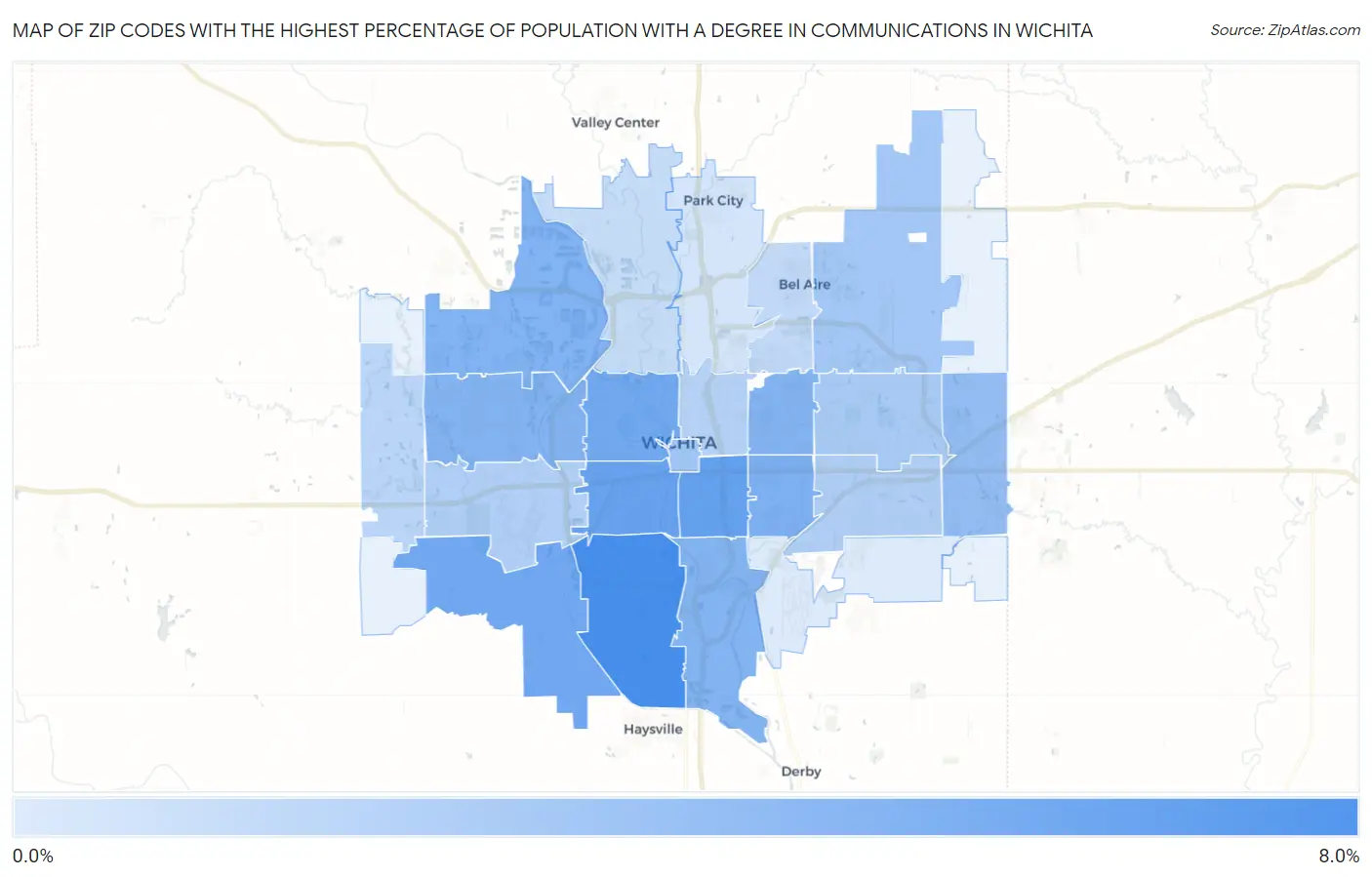 Zip Codes with the Highest Percentage of Population with a Degree in Communications in Wichita Map