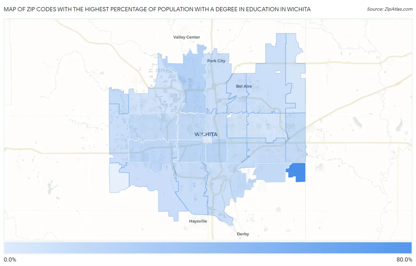 Zip Codes with the Highest Percentage of Population with a Degree in Education in Wichita Map