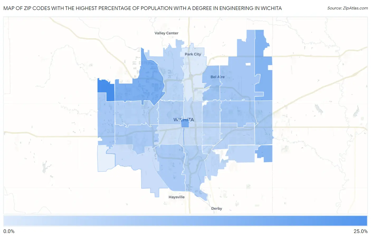 Zip Codes with the Highest Percentage of Population with a Degree in Engineering in Wichita Map