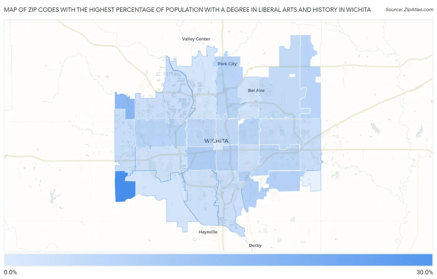 Zip Codes with the Highest Percentage of Population with a Degree in Liberal Arts and History in Wichita Map