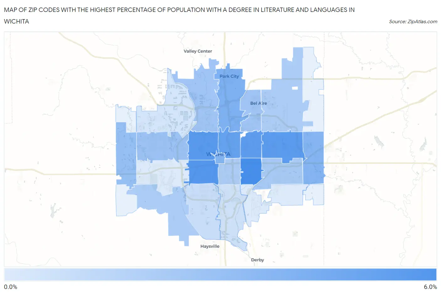 Zip Codes with the Highest Percentage of Population with a Degree in Literature and Languages in Wichita Map