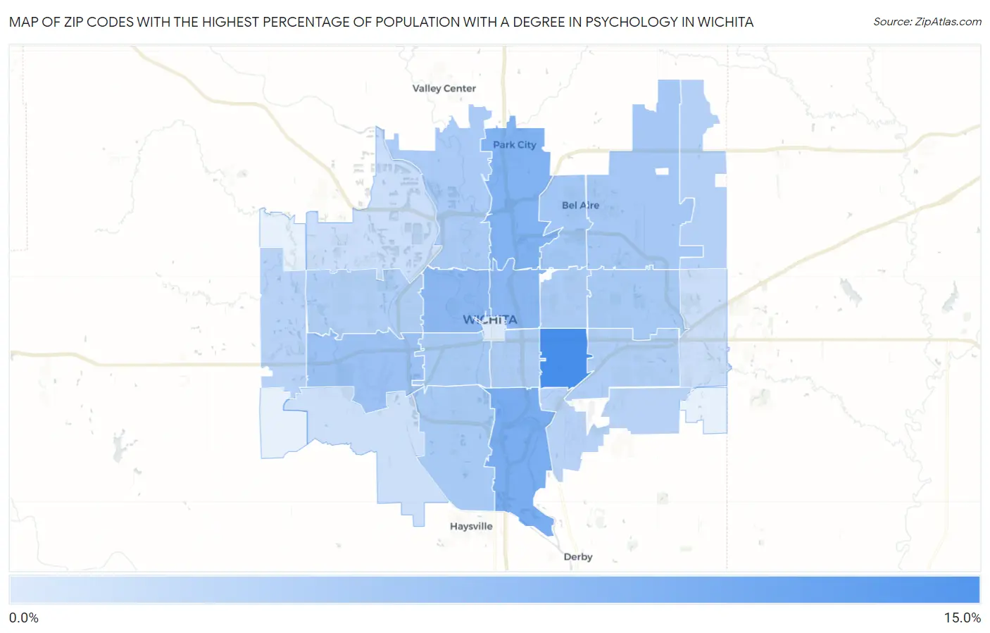 Zip Codes with the Highest Percentage of Population with a Degree in Psychology in Wichita Map