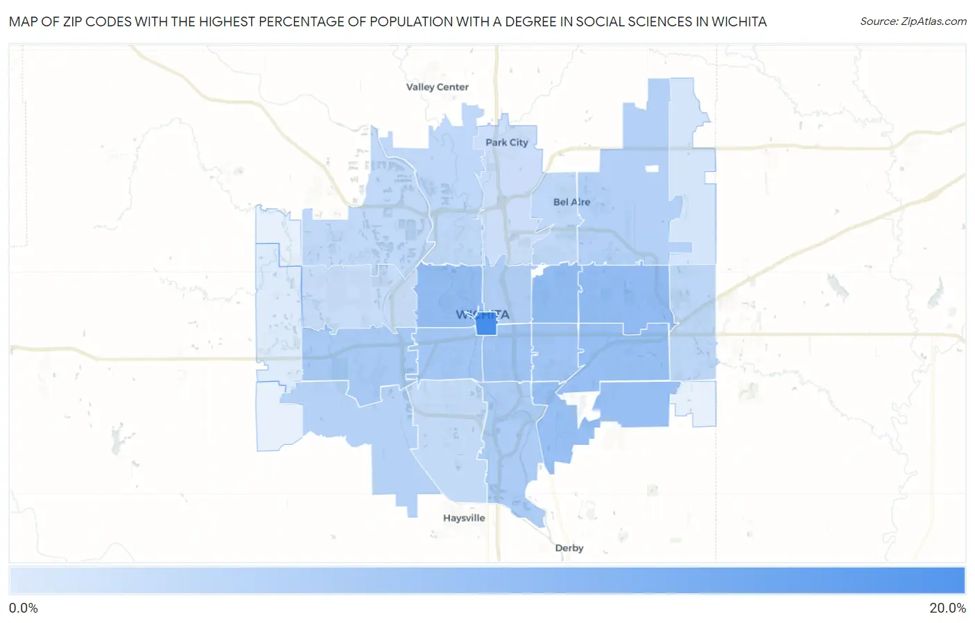 Zip Codes with the Highest Percentage of Population with a Degree in Social Sciences in Wichita Map