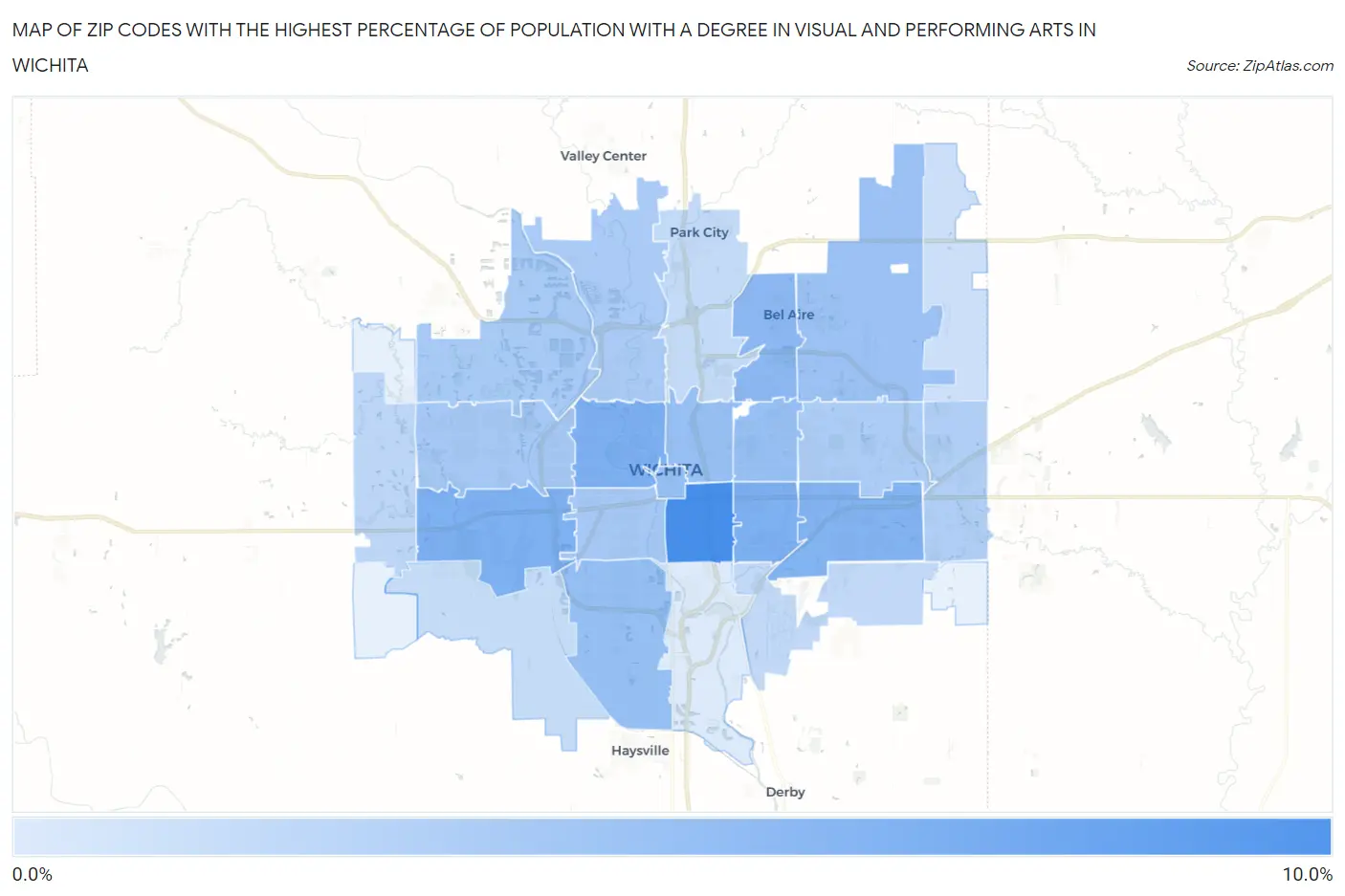 Zip Codes with the Highest Percentage of Population with a Degree in Visual and Performing Arts in Wichita Map