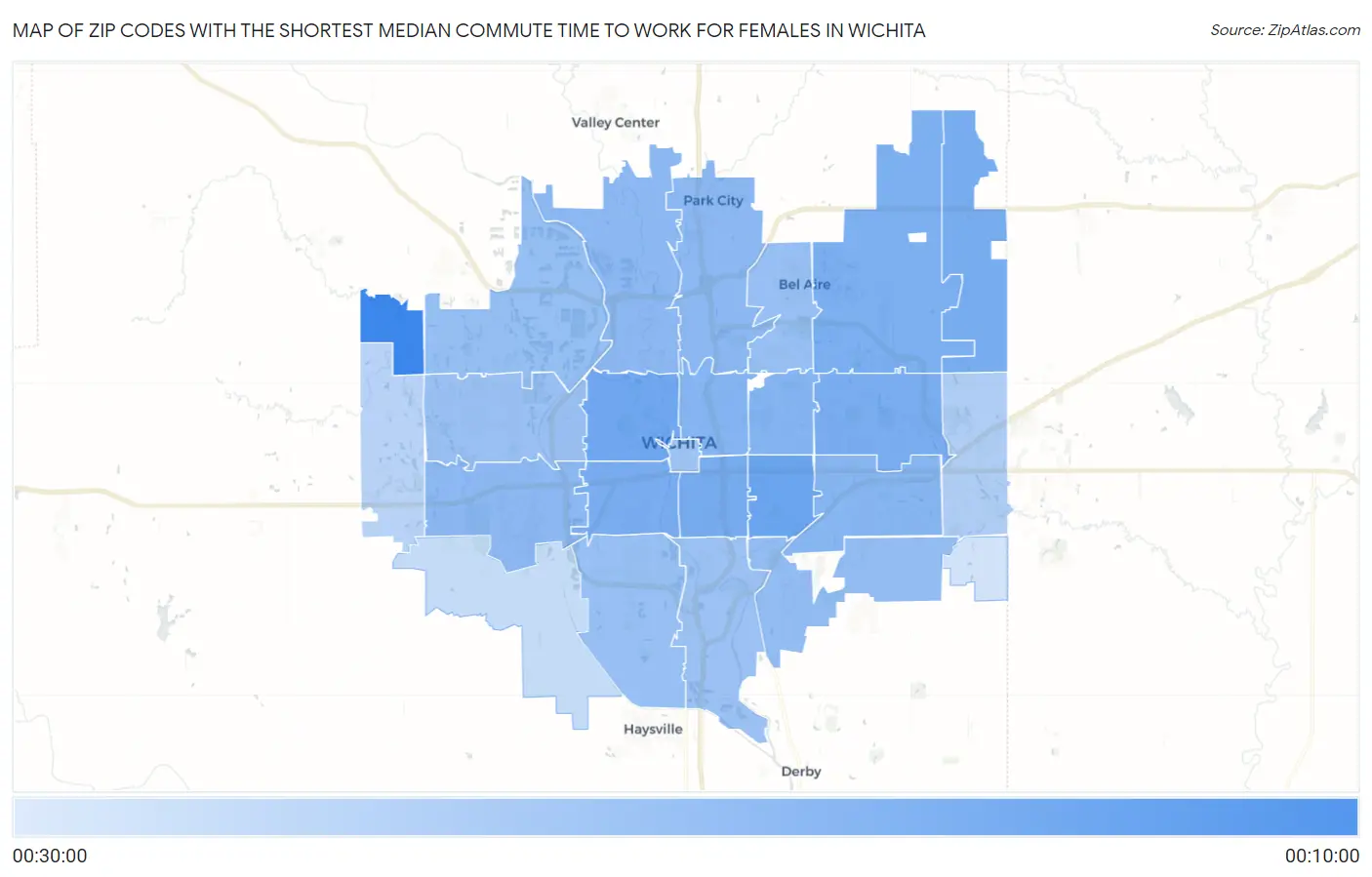 Zip Codes with the Shortest Median Commute Time to Work for Females in Wichita Map