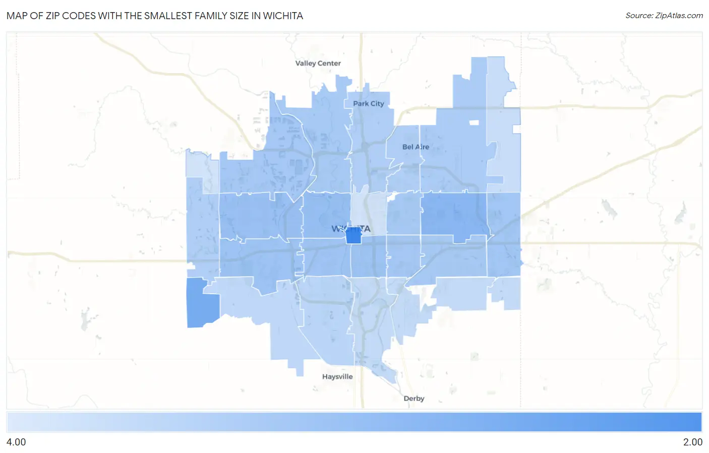 Zip Codes with the Smallest Family Size in Wichita Map