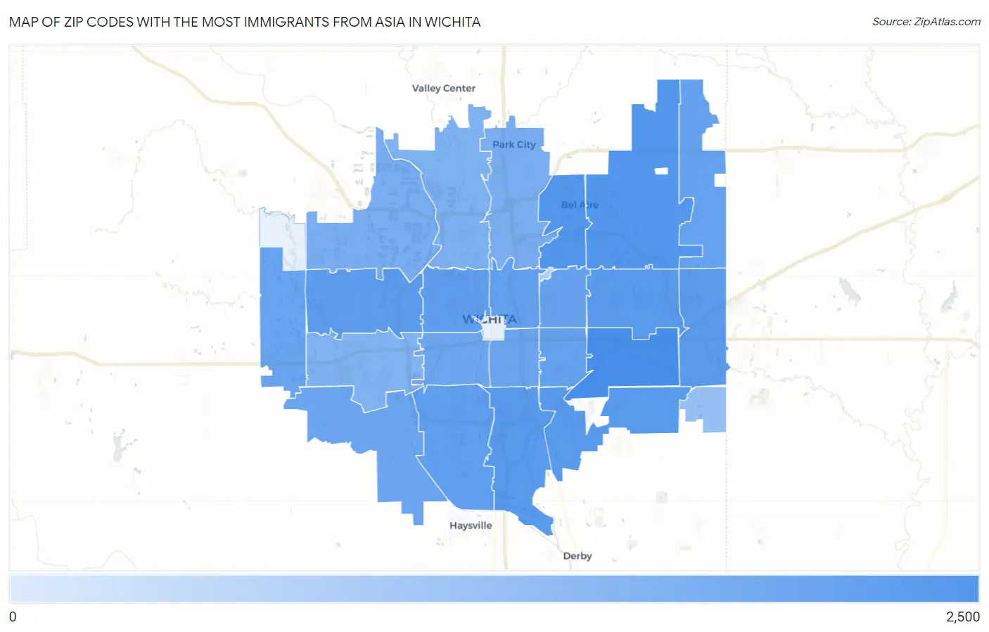 Zip Codes with the Most Immigrants from Asia in Wichita Map
